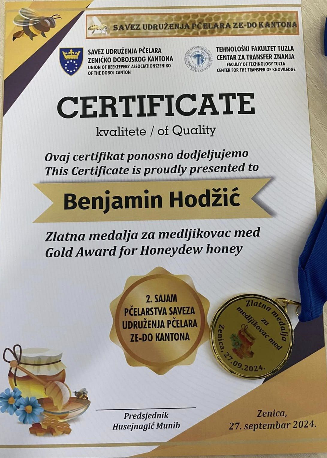 Novosti iz džemata Žepče – mr. Benjamin-ef. Hodžić – zlatna medalja za kvalitet meda