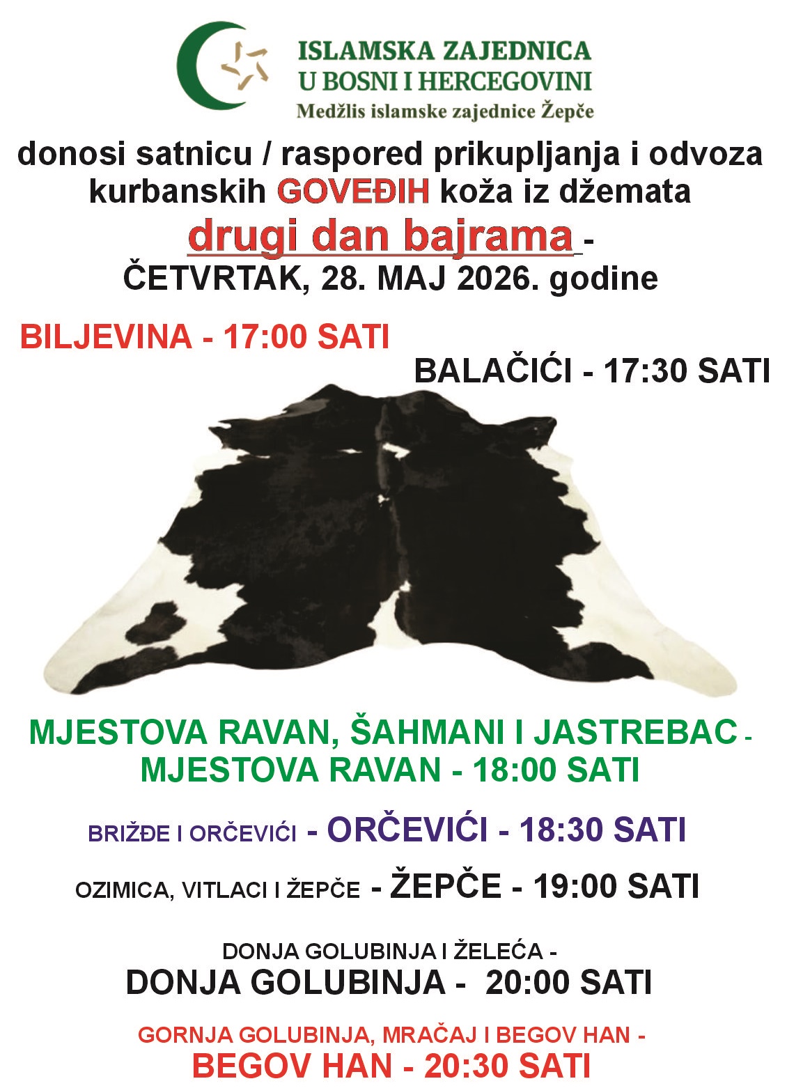 RASPORED PRIKUPLJANJA I ODVOZA KURBANSKIH KOŽA