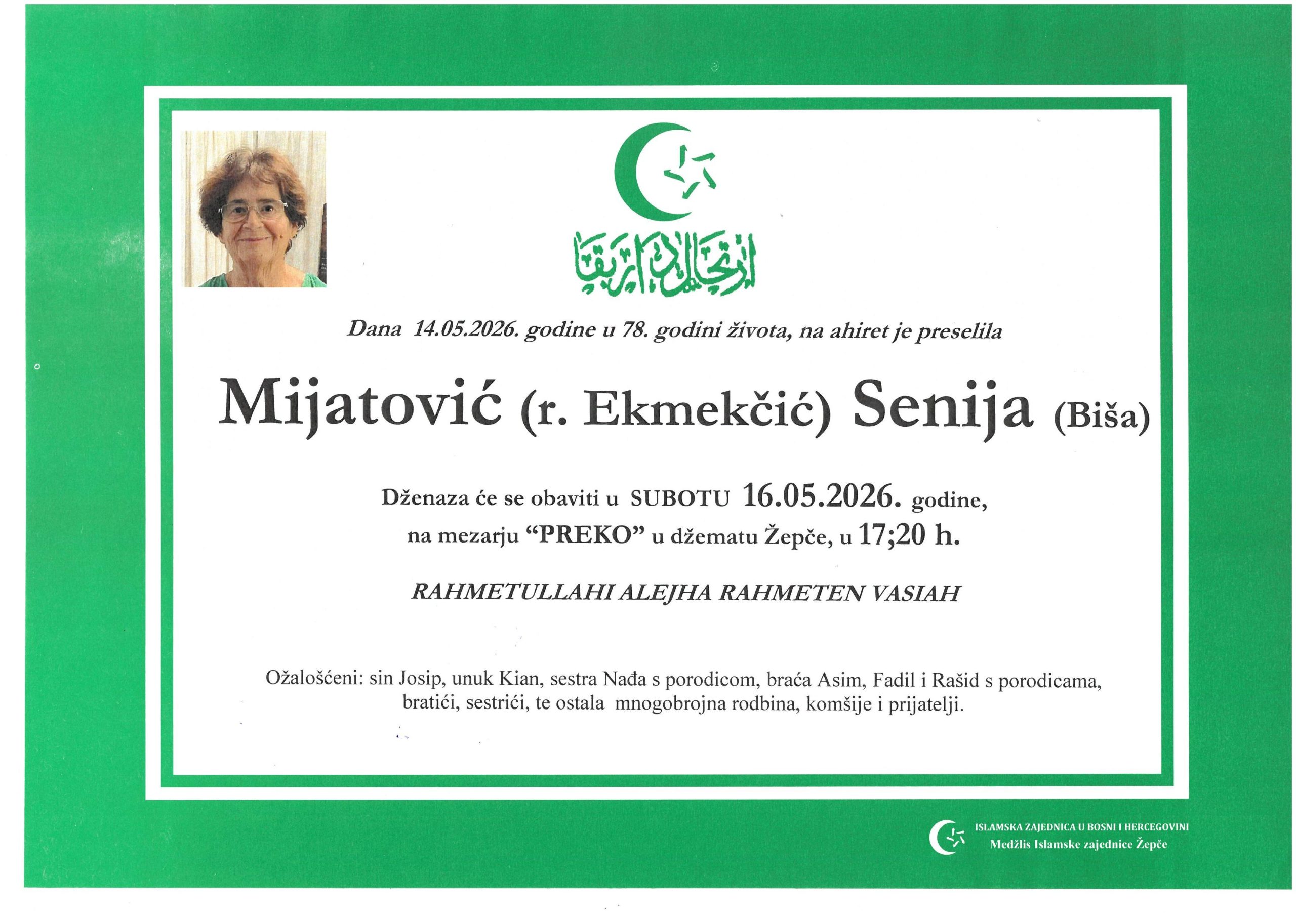 Dženaza – Senija (Biša) Mijatović