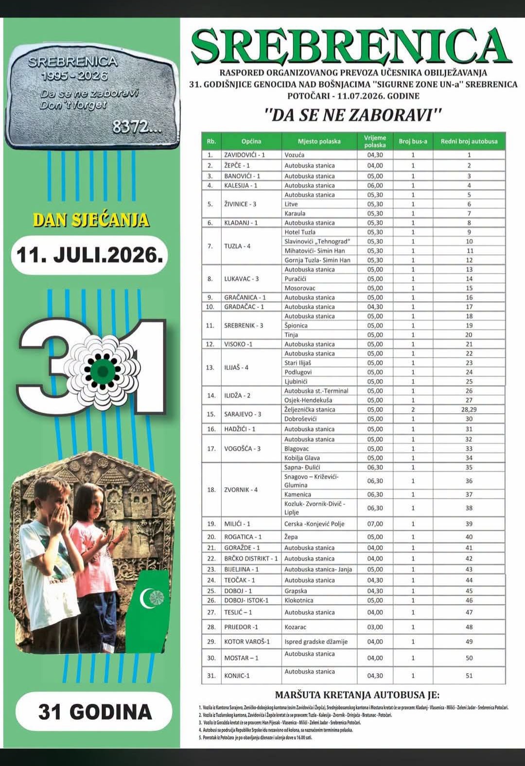 POLAZAK AUTOBUSA IZ ŽEPČA ZA SREBRENICU – 11. JULA U 4:00 SATA S AUTOBUSKE STANICE !