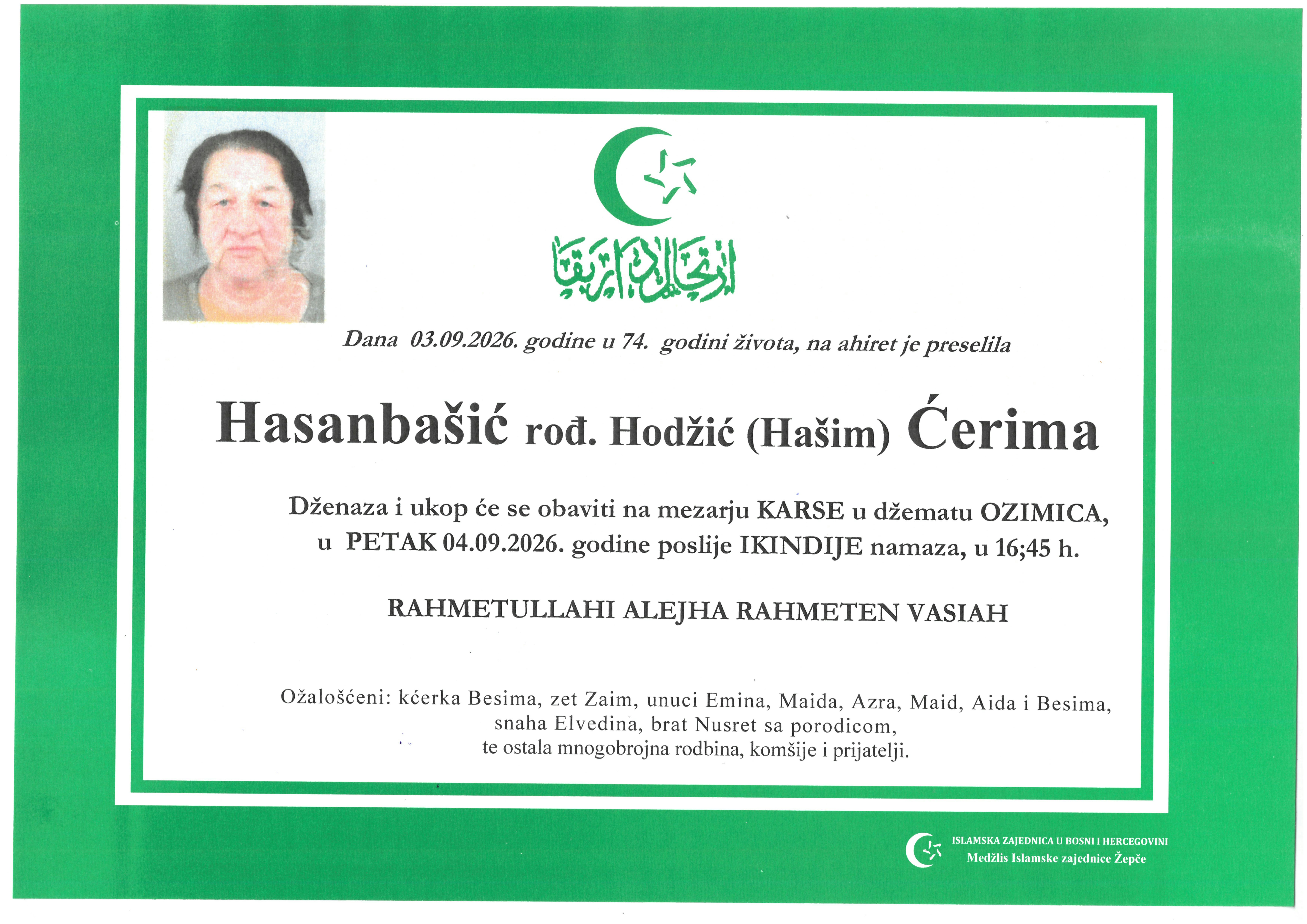Dženaza – Ćerima Hasanbašić